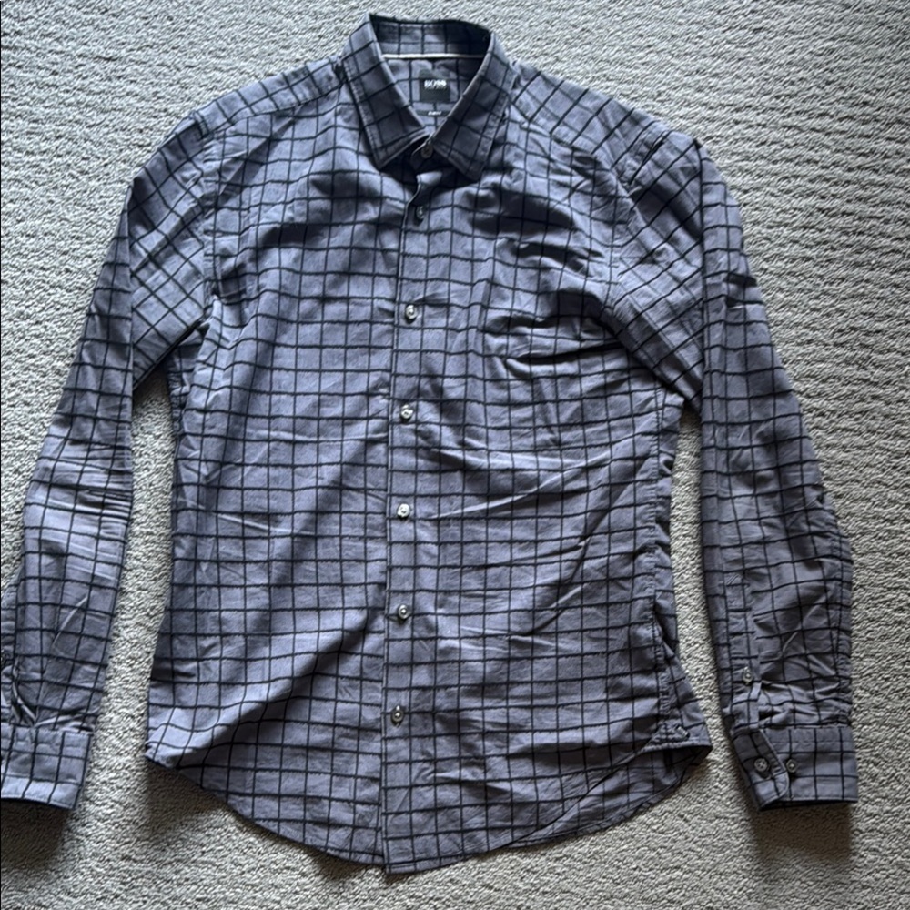 Men's Hugo Boss Gray and Black Checkered Textured Slim Fit Shirt